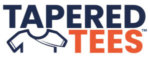 Logo reading TAPERED TEES in dark blue and orange with a stylized shirt collar illustration.